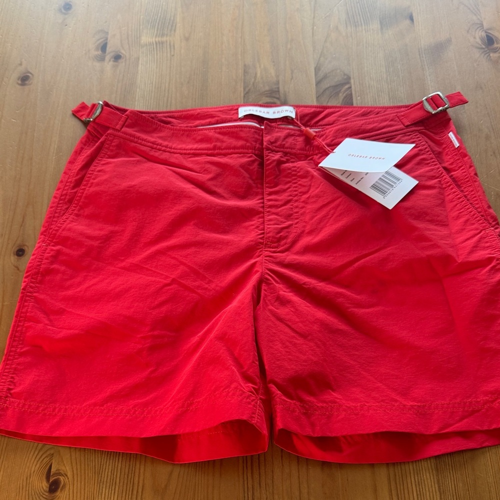 Orlebar Brown Bulldog mid length swim trunks in colour Rescue Red. NWT. Size 32